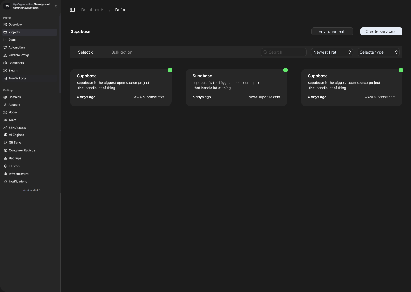Hawiyat application domain configuration interface showing domain settings and SSL options