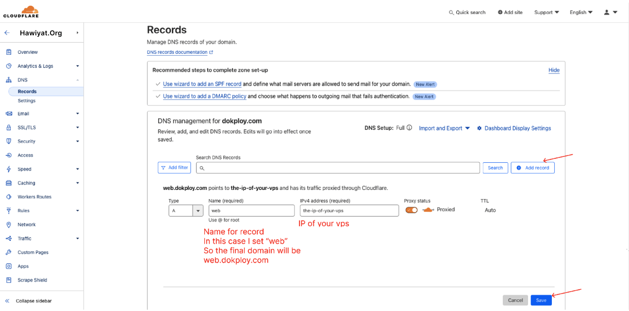 DNS configuration interface showing record setup
