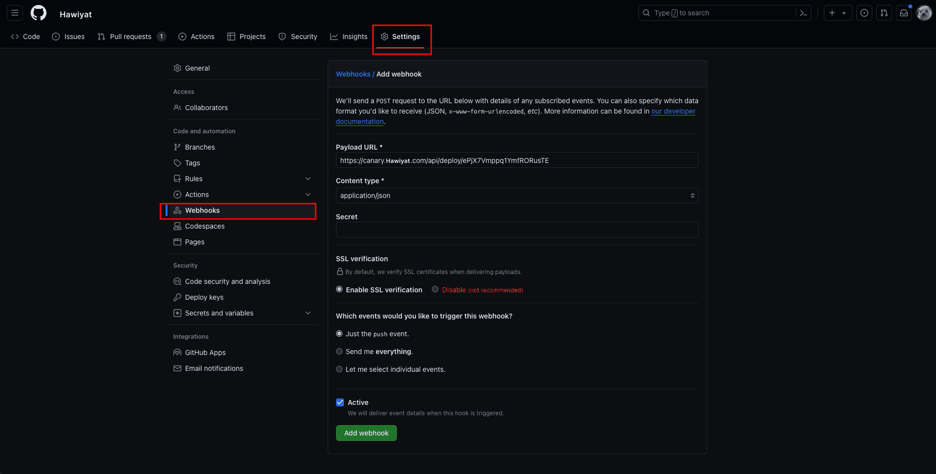Repository Webhook Configuration